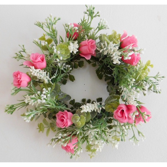 Handcrafted Other - Dusty Miller Mini Wreath Eucalyptus Pink Roses Candle Ring